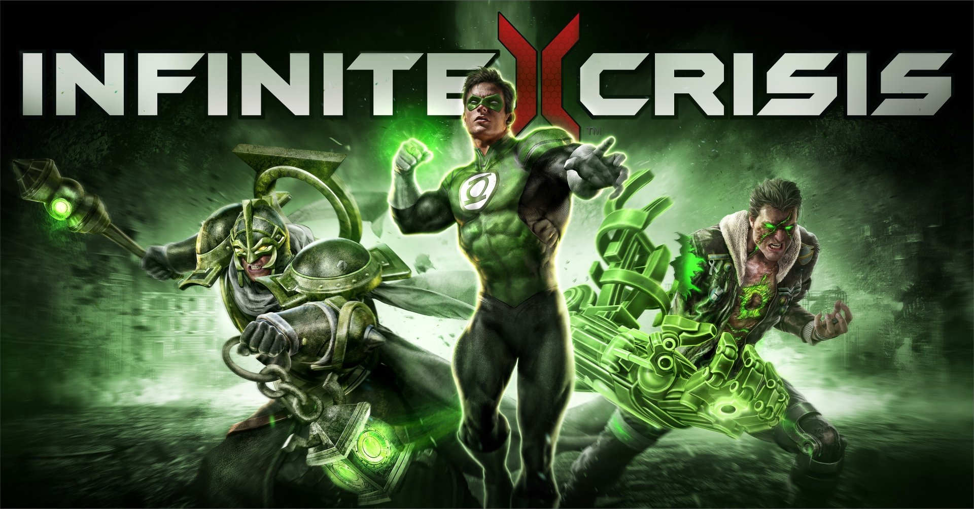 4K Ultra HD desktop wallpaper featuring Hal Jordan as Green Lantern from the video game Infinite Crisis, surrounded by other characters in a dynamic green energy scene.