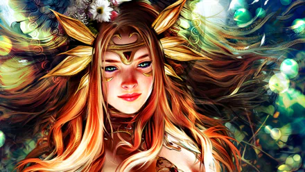 HD PC desktop wallpaper featuring a vibrant, fantasy-themed character from the video game Legend of the Cryptids, with intricate golden accents and flowing hair.