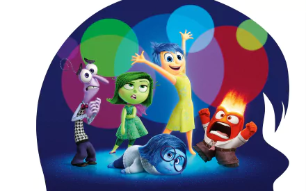 An HD desktop wallpaper featuring the emotions from Inside Out: Joy, Sadness, Anger, Disgust, and Fear, set against a colorful, vibrant background.