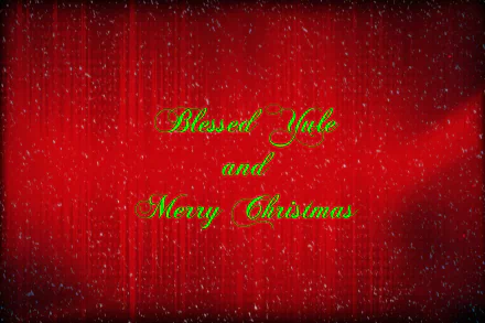 HD PC desktop wallpaper: red textured background with falling snow and green script reading Blessed Yule and Merry Christmas — holiday Merry Christmas greeting.