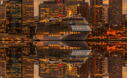 HD desktop wallpaper featuring the Celebrity Solstice cruise ship superimposed on a vibrant cityscape at dusk.