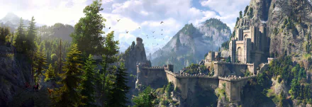 HD desktop wallpaper and background from the video game The Witcher 3: Wild Hunt featuring a detailed medieval castle perched in a lush, mountainous landscape under a bright, partly cloudy sky.