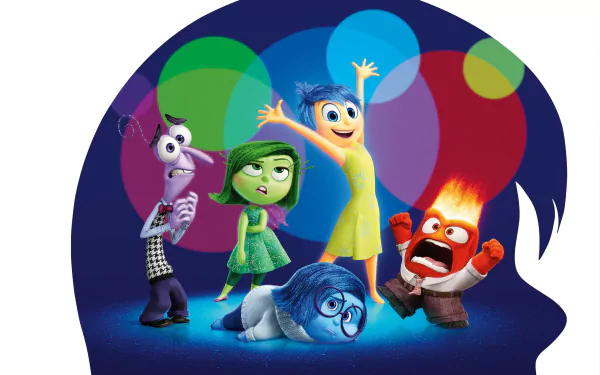 An HD desktop wallpaper featuring the emotions from Inside Out: Joy, Sadness, Anger, Disgust, and Fear, set against a colorful, vibrant background.