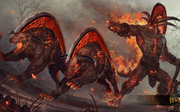 HD PC desktop wallpaper/background — video game Heroes of Newerth: a flaming demonic warrior and two snarling hellhounds charging through ash and embers.