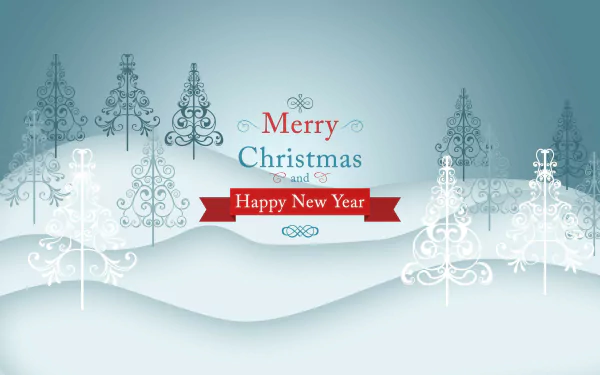 HD PC desktop wallpaper featuring a serene winter landscape with stylized Christmas trees and festive text saying Merry Christmas and Happy New Year for the holiday season.