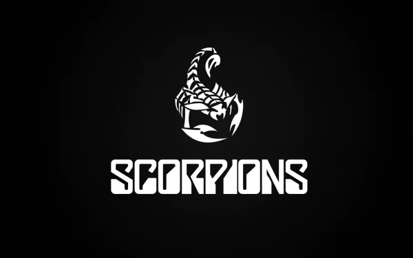 HD PC desktop wallpaper featuring a bold white scorpion logo and Scorpions band name on a black background, symbolizing the iconic rock music group.