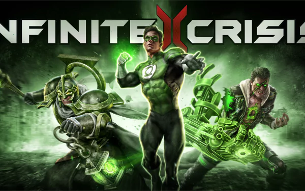 4K Ultra HD desktop wallpaper featuring Hal Jordan as Green Lantern from the video game Infinite Crisis, surrounded by other characters in a dynamic green energy scene.