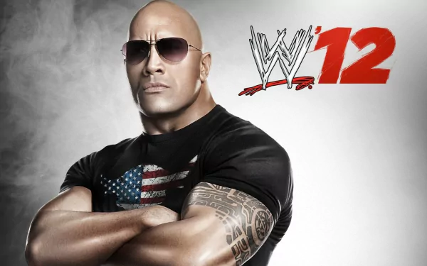HD PC desktop wallpaper showing a muscular bald wrestler in sunglasses wearing an American-flag shirt, arms crossed, beside the WWE '12 video game logo.
