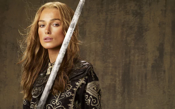Elizabeth Swann, portrayed by Keira Knightley, stands confidently with a sword in this striking 4K Ultra HD backdrop from *Pirates of the Caribbean: At World's End*.