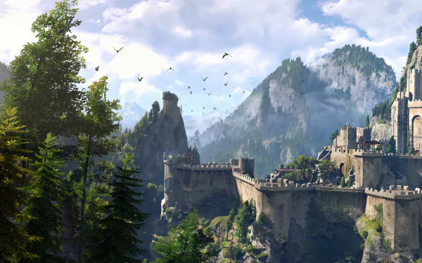 HD desktop wallpaper and background from the video game The Witcher 3: Wild Hunt featuring a detailed medieval castle perched in a lush, mountainous landscape under a bright, partly cloudy sky.