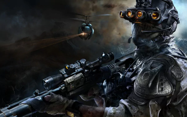 A striking HD wallpaper from the video game Sniper: Ghost Warrior 3, featuring a tactical sniper poised for action amidst a dramatic, dark backdrop and a hovering helicopter.