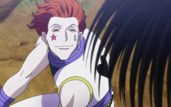HD desktop wallpaper of Hisoka from Hunter x Hunter, featuring his signature smirk and face paint.