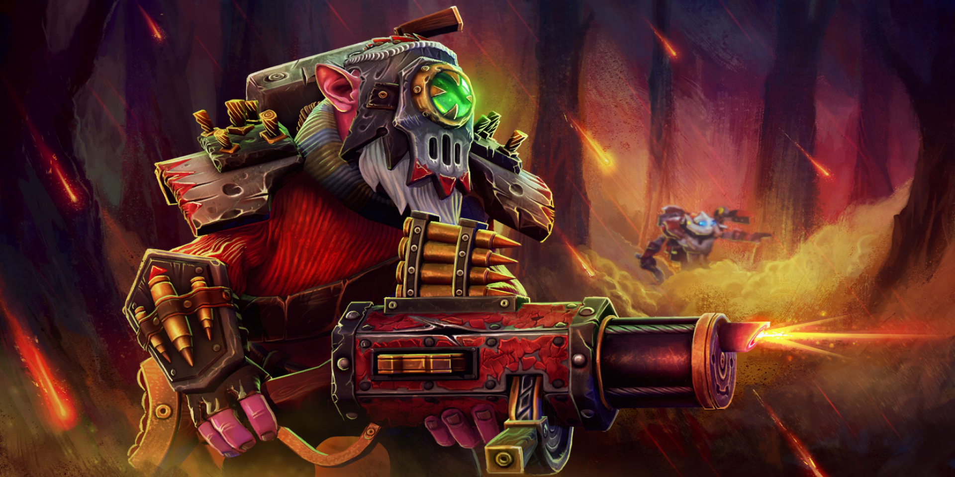 A vibrant HD desktop wallpaper featuring a character from DotA 2, showcasing a whimsical figure armed with a large weapon in a fiery forest setting.