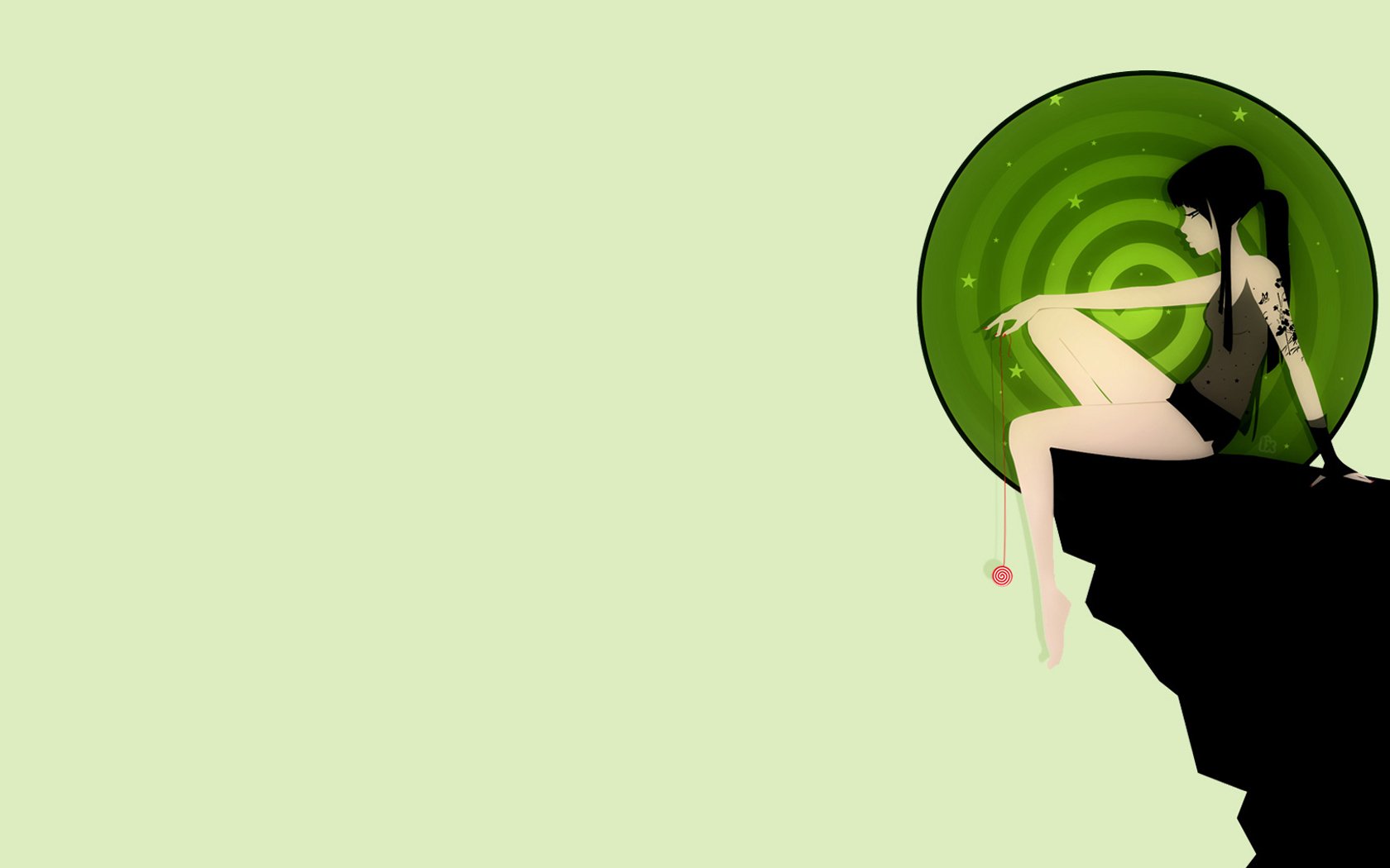 An artistic HD wallpaper featuring a woman sitting on a cliff, surrounded by a green circular design. The minimalist background enhances the vibrant colors of the illustration.