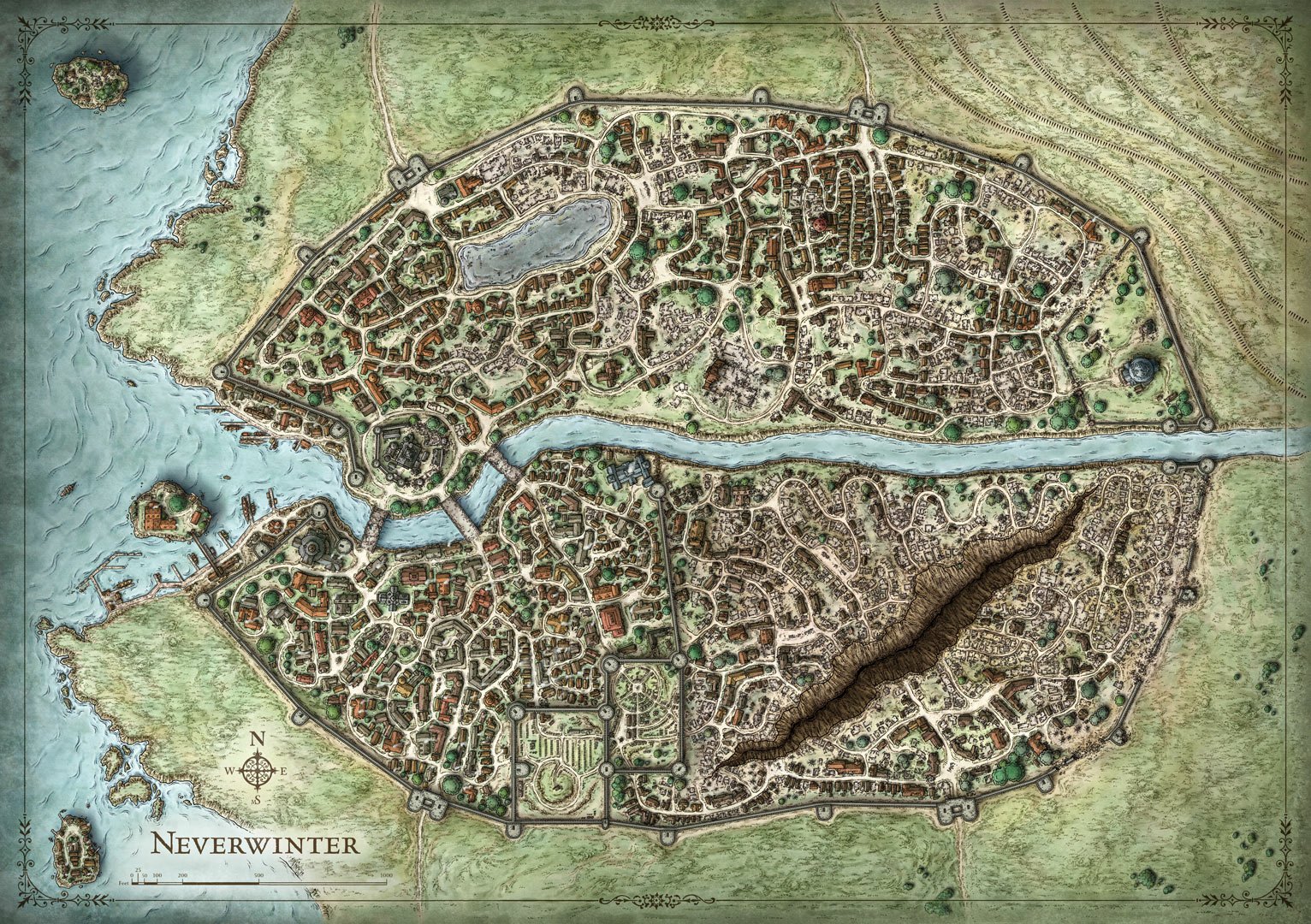 Man-made Dungeons & Dragons HD PC wallpaper: detailed top-down map of Neverwinter, a walled coastal city bisected by a river with harbors, streets and docks.