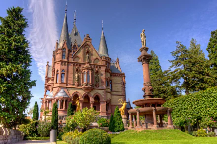 Schloss Drachenburg (Drachenburg Castle), ornate 19th-century German castle with turrets and fountain, set among trees — vibrant 2K Quad HD PC desktop wallpaper.