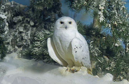 HD desktop wallpaper featuring a snowy owl perched on a snow-covered branch in a winter forest setting.
