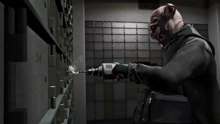 A character in a mask using a drill to open a bank vault, showcasing a heist scene from Grand Theft Auto V, creating an intense atmosphere for an HD PC desktop wallpaper.