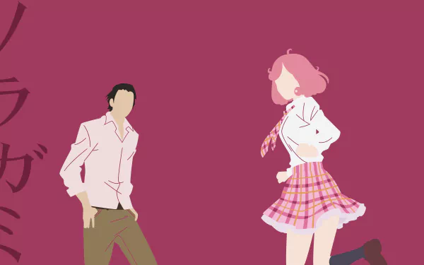 A minimalist 4K HD anime wallpaper featuring characters Kofuku and Ebisu from *Noragami*, showcasing pink hair and a plaid skirt against a purple background.