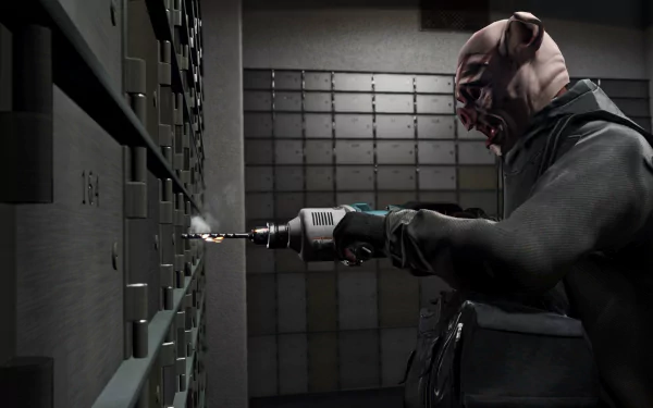 A character in a mask using a drill to open a bank vault, showcasing a heist scene from Grand Theft Auto V, creating an intense atmosphere for an HD PC desktop wallpaper.