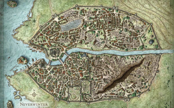 Man-made Dungeons & Dragons HD PC wallpaper: detailed top-down map of Neverwinter, a walled coastal city bisected by a river with harbors, streets and docks.