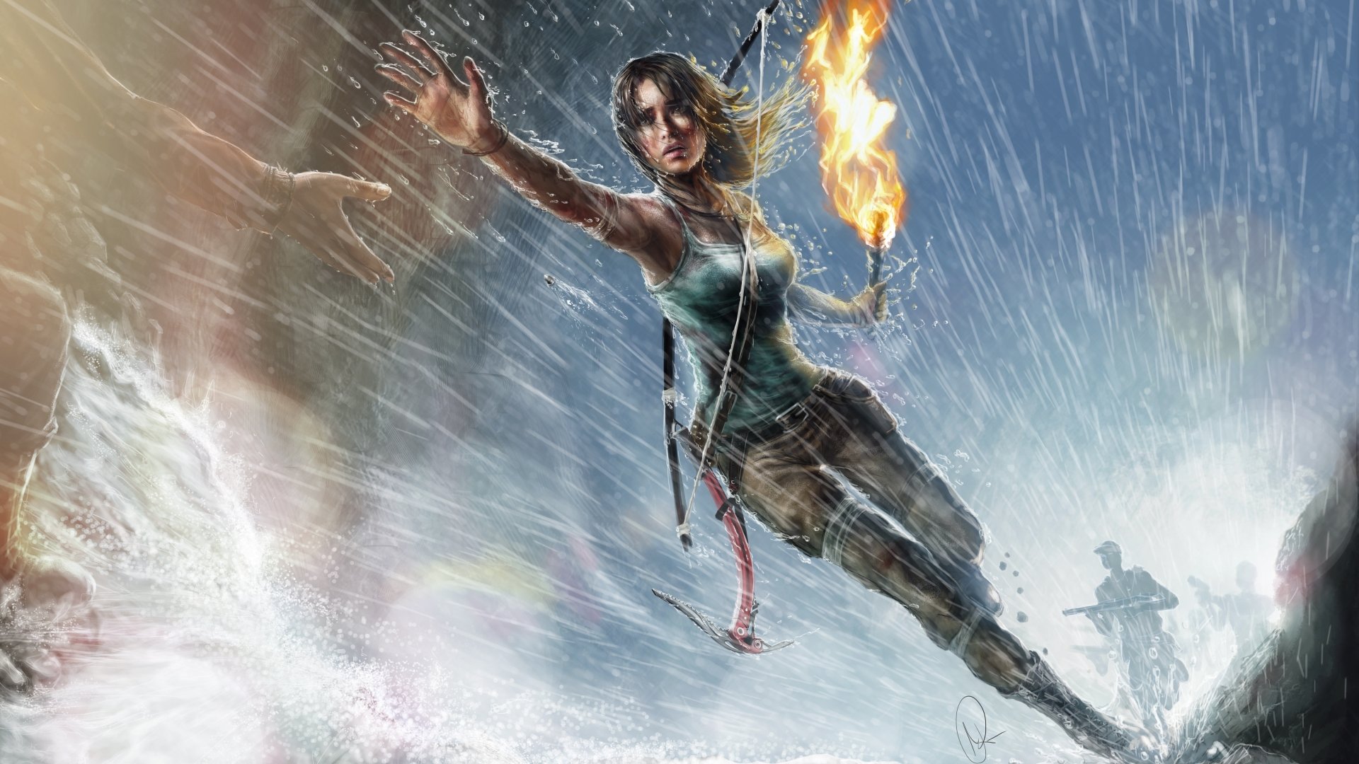 Lara Croft from Tomb Raider battles a storm, holding a flaming torch in this dynamic 4K Ultra HD video game wallpaper for PC desktops.