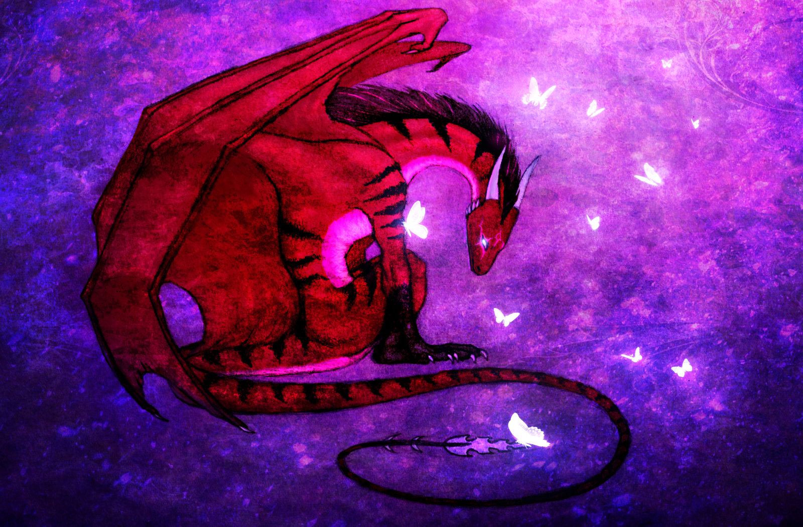HD PC desktop wallpaper and background: a purple fantasy scene featuring a curled red dragon amid softly glowing butterflies.