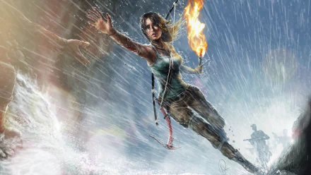Lara Croft from Tomb Raider battles a storm, holding a flaming torch in this dynamic 4K Ultra HD video game wallpaper for PC desktops.