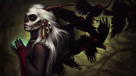 Artistic HD desktop wallpaper featuring a demon with a sugar skull face, surrounded by dark crows under a shadowy, ominous backdrop.