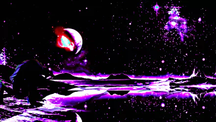 HD PC desktop wallpaper featuring a dark, purple-hued horror scene with a scary demon-like monster and eerie cosmic creature in a mysterious, otherworldly setting.