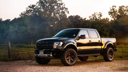 HD PC desktop wallpaper featuring a black Ford Raptor truck parked on a gravel path with trees and sky in the background.