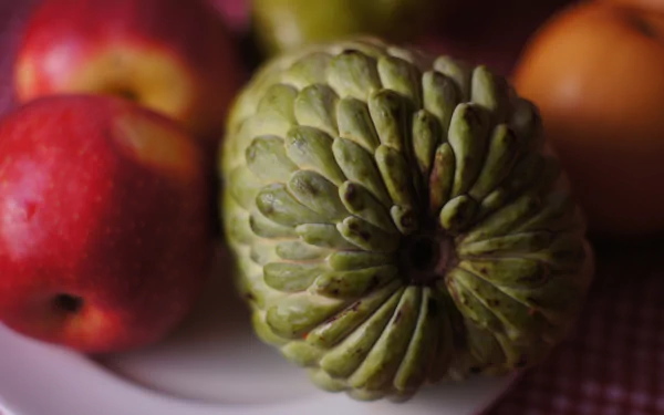 HD PC desktop wallpaper showing a close-up green sugar apple (custard apple) on a plate with red and orange apples as a food background