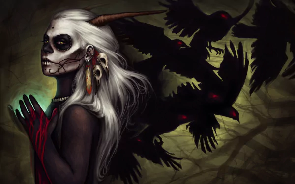 Artistic HD desktop wallpaper featuring a demon with a sugar skull face, surrounded by dark crows under a shadowy, ominous backdrop.