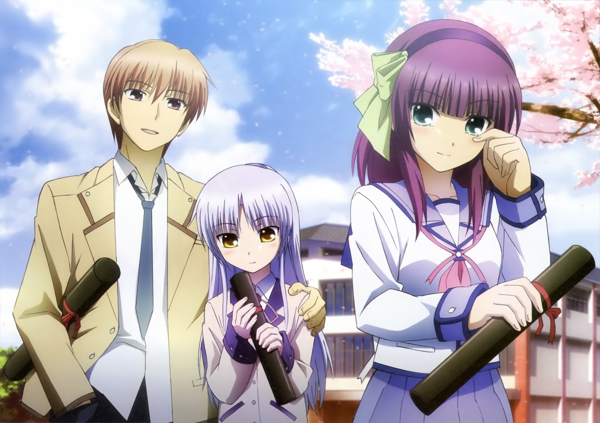 A vibrant HD desktop wallpaper featuring Yuzuru Otonashi, Yuri Nakamura, and Kanade Tachibana from the anime Angel Beats!, set against a backdrop of cherry blossoms.