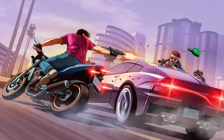 HD desktop wallpaper featuring an action scene from Grand Theft Auto V, showing a motorcyclist and a car engaged in a high-speed chase with gunfire against a cityscape backdrop.