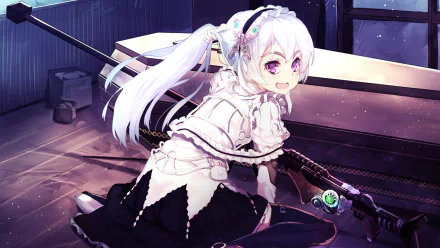 Anime HD desktop wallpaper featuring Chaika from Chaika - The Coffin Princess, with white hair and detailed outfit in a dimly lit room holding a large weapon.