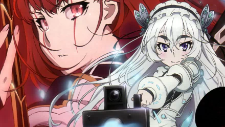 HD PC desktop wallpaper featuring anime characters from Chaika -The Coffin Princess-, showcasing detailed artwork of a red-haired and a white-haired character in dynamic poses.