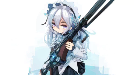 HD desktop wallpaper featuring Chaika from Chaika - The Coffin Princess. She stands with a rifle, showcasing her signature blue and white aesthetic in a stylized anime illustration.