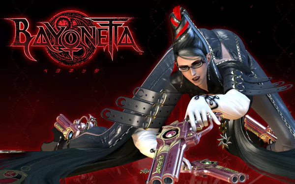 HD PC desktop wallpaper featuring Bayonetta, the iconic video game character, striking a dynamic pose with her signature guns against a dark red background.