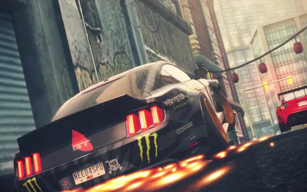 HD PC desktop wallpaper from the video game Need For Speed: No Limits — rear view of a tuned muscle car drifting through a neon-lit alley, sparks flying.