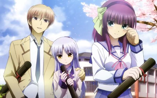 A vibrant HD desktop wallpaper featuring Yuzuru Otonashi, Yuri Nakamura, and Kanade Tachibana from the anime Angel Beats!, set against a backdrop of cherry blossoms.