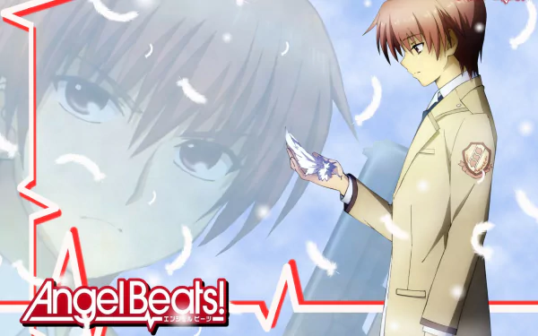 HD PC wallpaper: Yuzuru Otonashi from Angel Beats! in school uniform holds a glowing feather amid falling white feathers and a faded portrait backdrop.