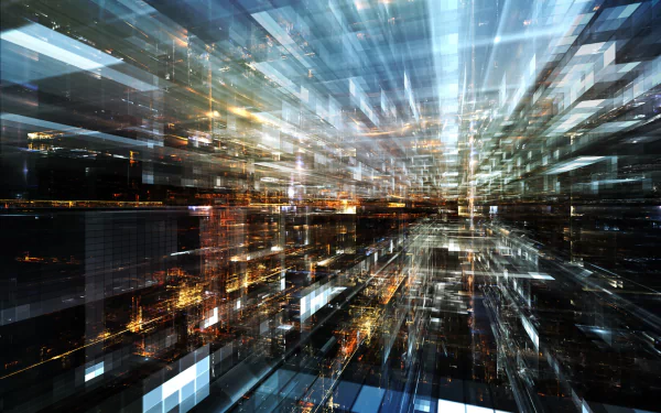 HD PC desktop wallpaper featuring a dynamic, futuristic cyberspace scene with glowing technology grids and light trails creating a sense of digital depth and motion.