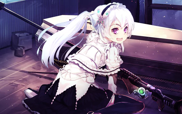 Anime HD desktop wallpaper featuring Chaika from Chaika - The Coffin Princess, with white hair and detailed outfit in a dimly lit room holding a large weapon.