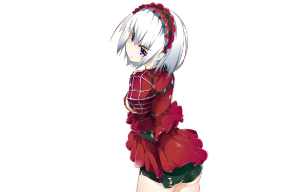 HD PC desktop wallpaper featuring Chaika, the white-haired protagonist from the anime Chaika -The Coffin Princess-, dressed in a red, frilled outfit against a white background.