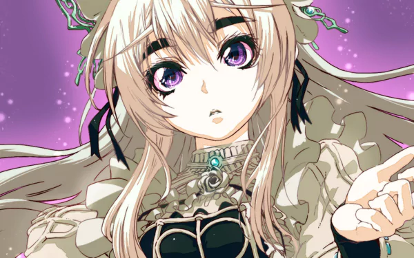 HD PC desktop wallpaper featuring Chaika from the anime Chaika -The Coffin Princess-, showcasing her detailed outfit and expressive purple eyes against a purple background.