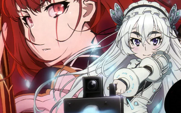 HD PC desktop wallpaper featuring anime characters from Chaika -The Coffin Princess-, showcasing detailed artwork of a red-haired and a white-haired character in dynamic poses.