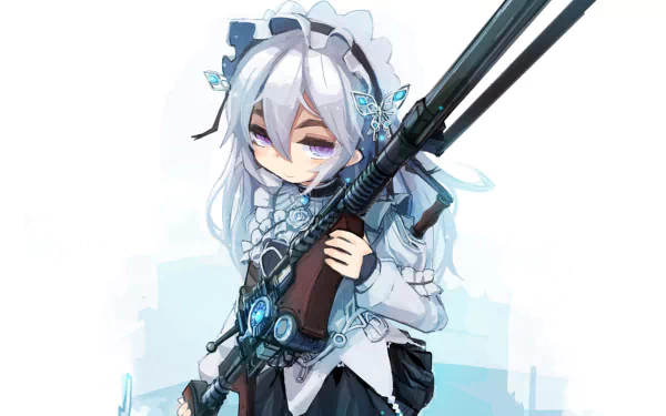 HD desktop wallpaper featuring Chaika from Chaika - The Coffin Princess. She stands with a rifle, showcasing her signature blue and white aesthetic in a stylized anime illustration.