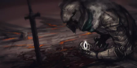 HD fantasy desktop wallpaper depicting a dark knight in armor kneeling on a battle-scarred landscape, holding a glowing object beneath a stormy sky.