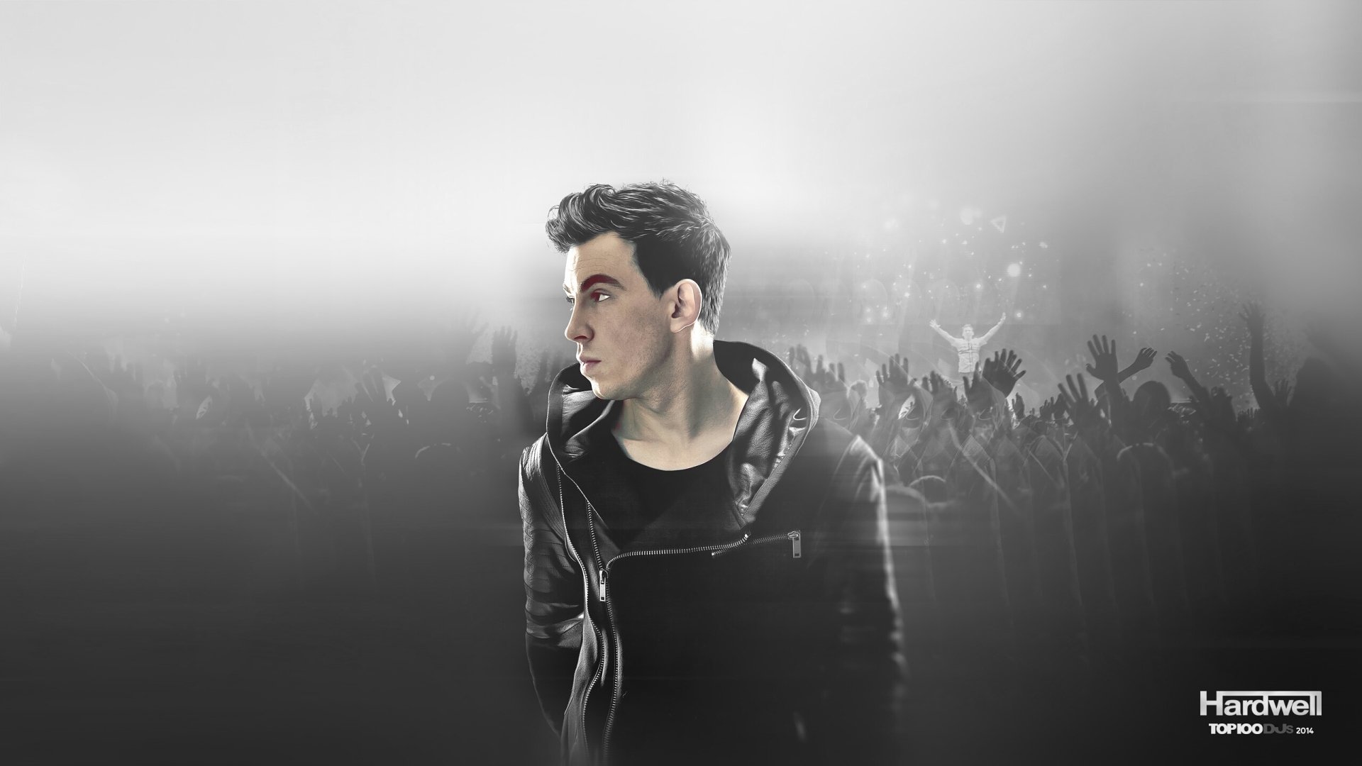 HD PC desktop wallpaper featuring music artist Hardwell with a crowd in the background, blending energetic concert vibes and a monochrome aesthetic.